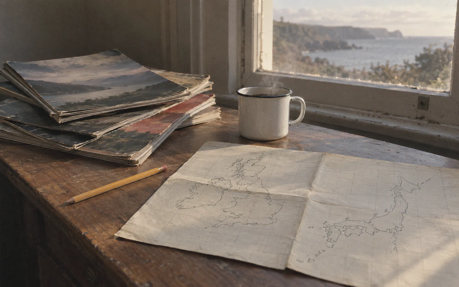 A wooden desk by a window with a stack of worn magazines, an enamel coffee mug, a pencil and a hand-drawn chart of the British and Japanese coastlines. Illustrative image.