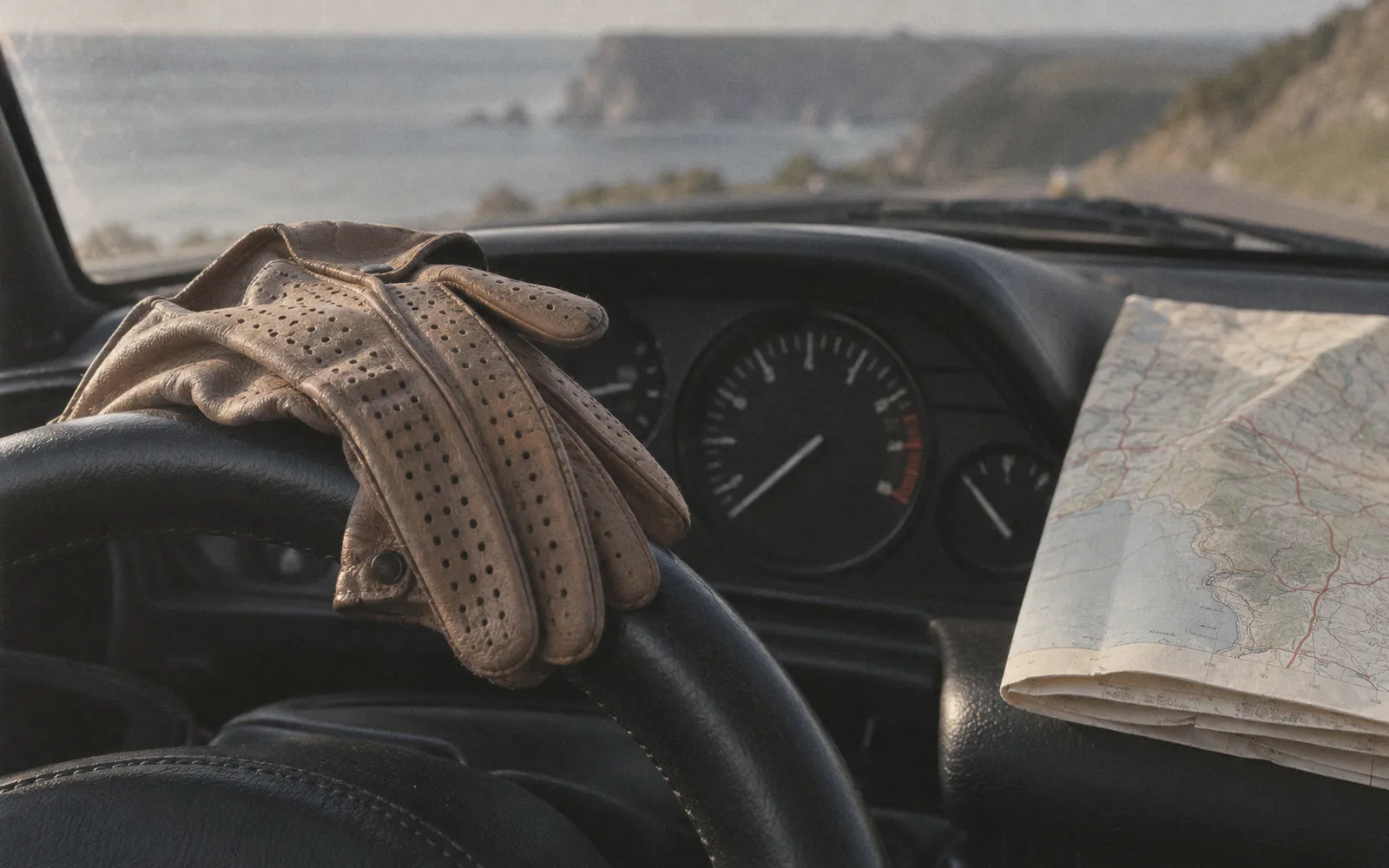 Illustration of leather driving gloves over a steering wheel beside a rev counter and a folded road map