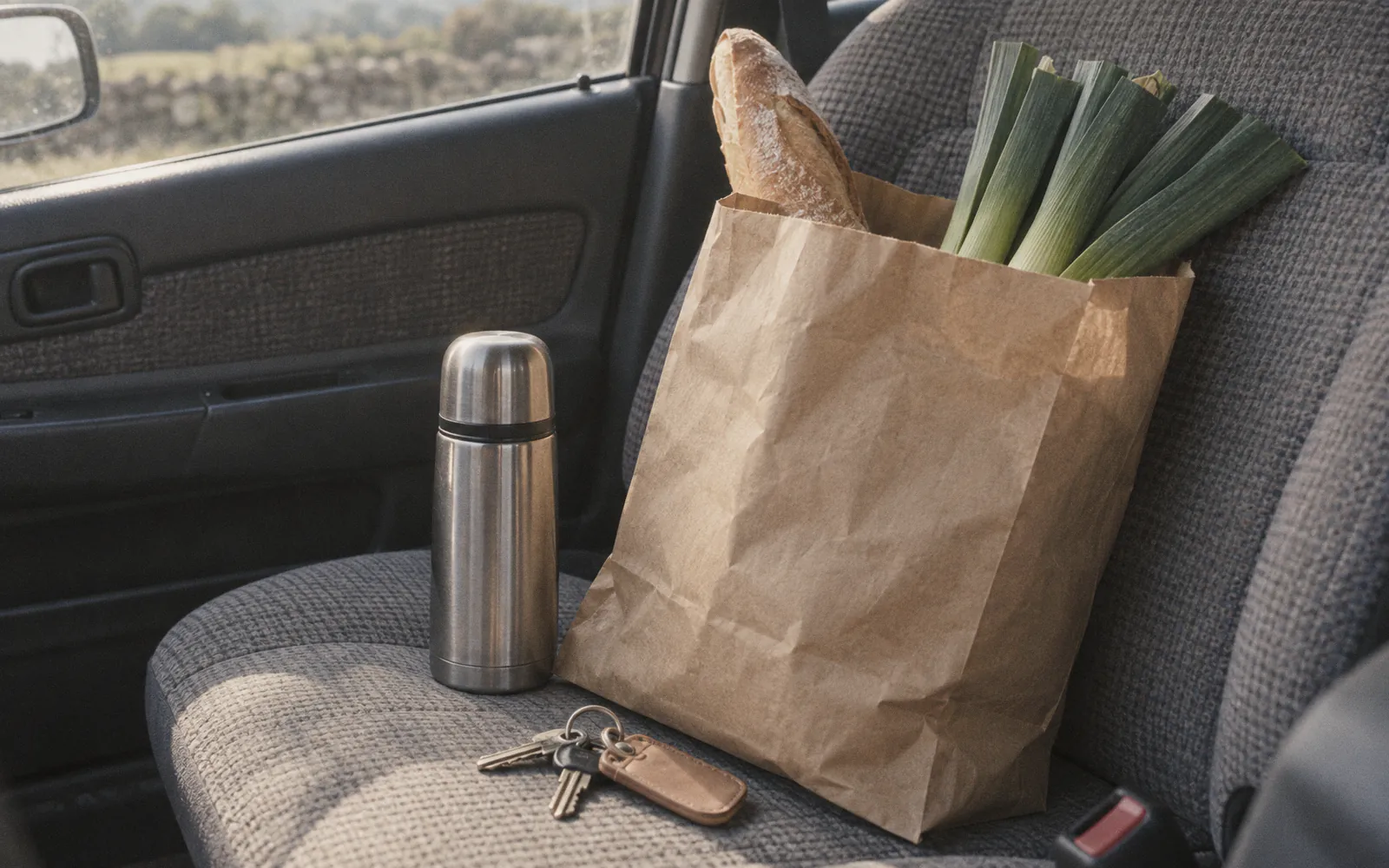 Illustration of a shopping bag, a steel flask and a set of keys on a cloth car seat