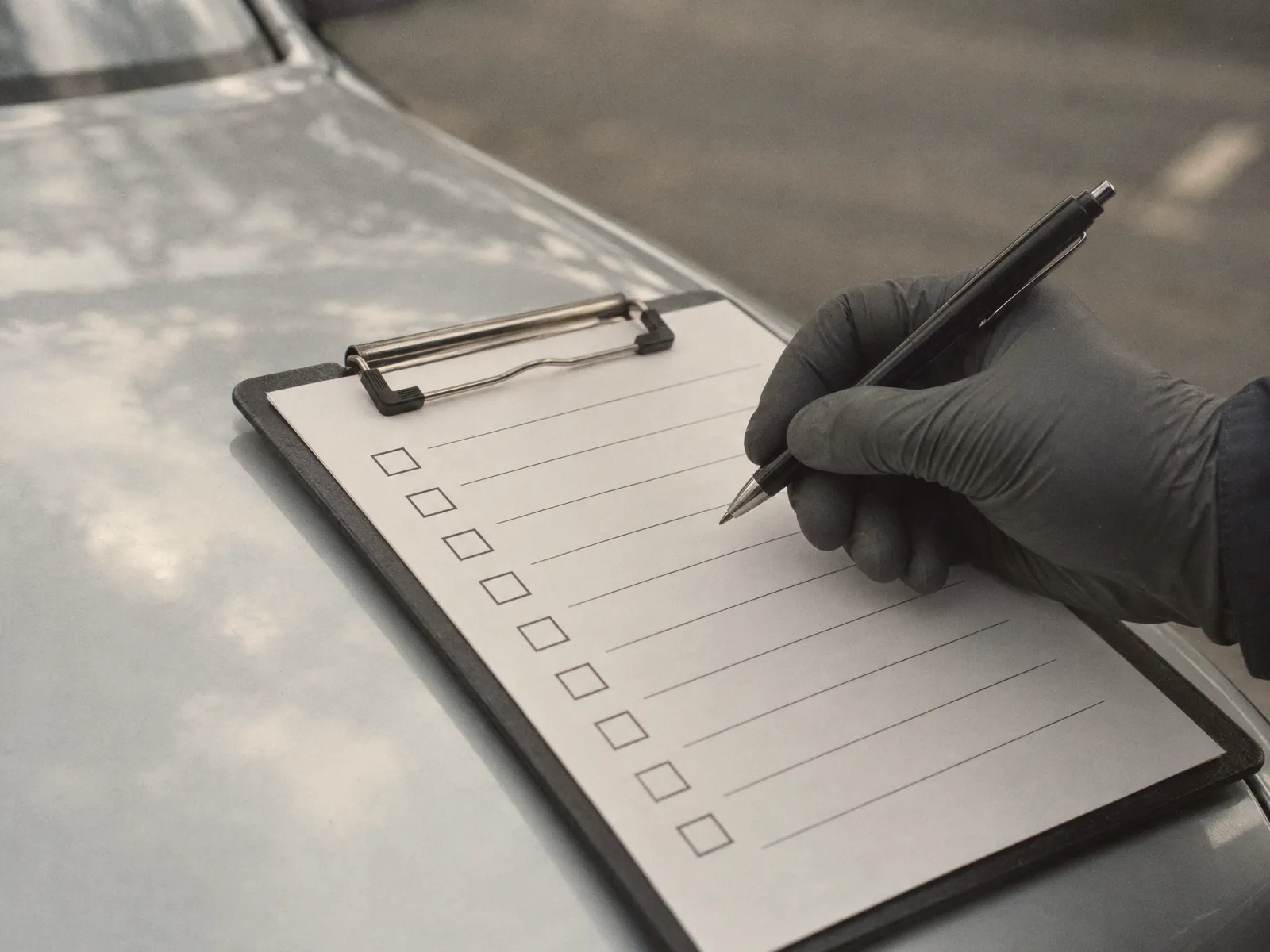 A gloved hand holding a pen over a blank inspection checklist resting on a silver car bonnet. Illustrative image.
