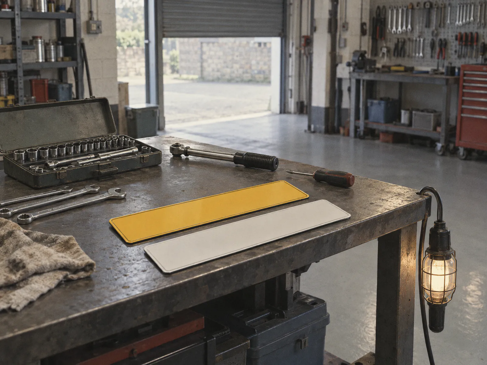 A workshop bench with spanners, a socket set, a torque wrench, blank yellow and white number plates and a caged inspection lamp. Illustrative image.