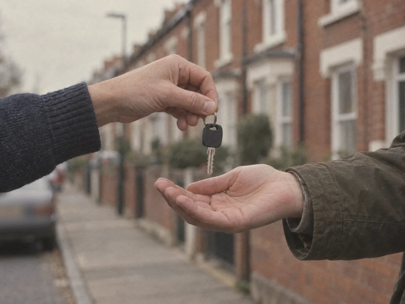 One hand passing a car key into another person's open palm on a red-brick terraced street. Illustrative image.