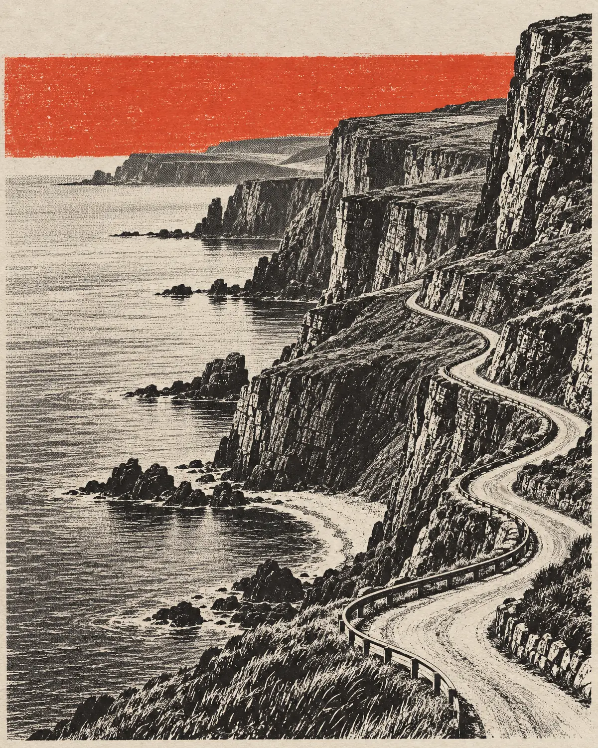 Sea cliffs and a winding cliffside road in a black-and-white halftone print with a vermilion band