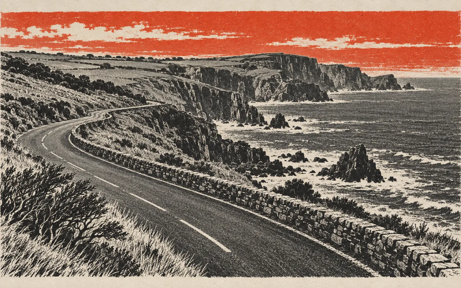 Empty winding coastal road along cliff tops in a black-and-white halftone print with a vermilion band