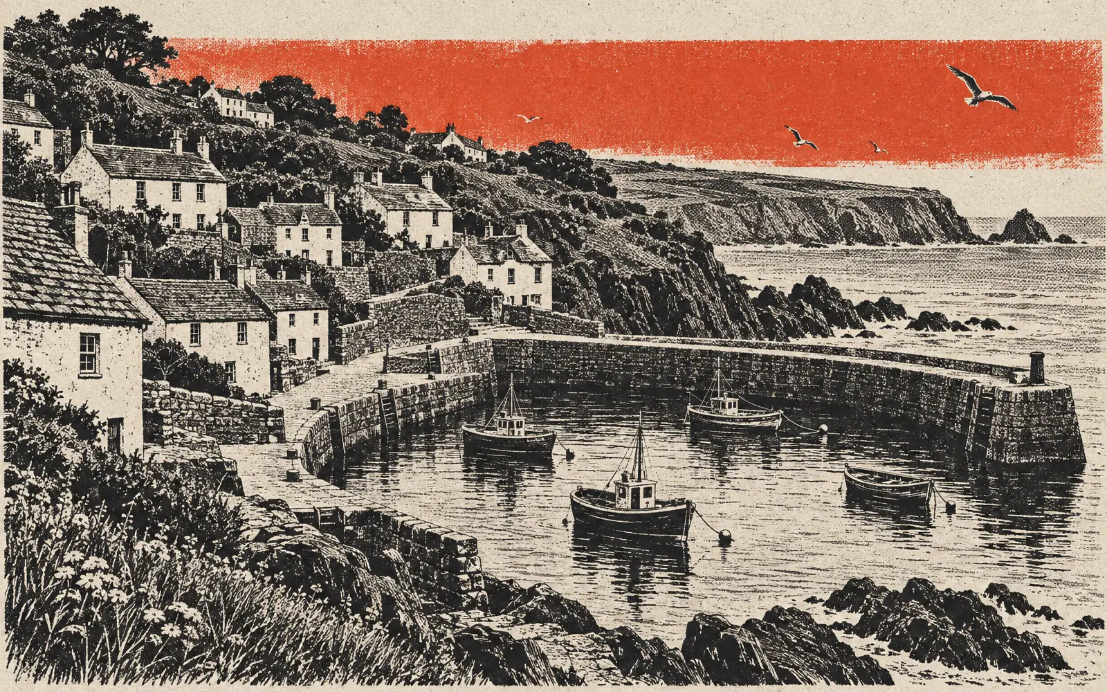 Cornish-style harbour village with fishing boats in a black-and-white halftone print with a vermilion band
